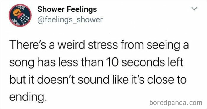 Social media post about shower feelings highlighting thoughts to occupy your brain while showering and playful stress moments.
