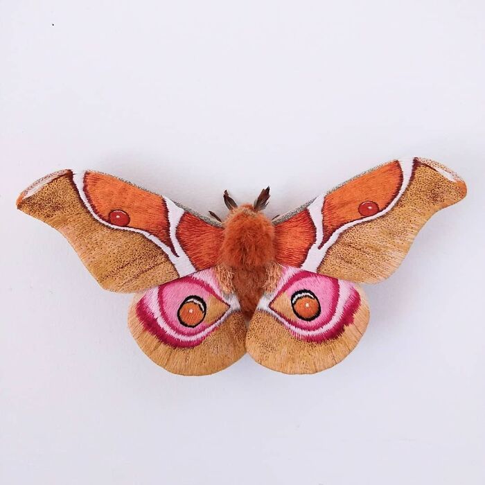 Embroidered fiber moth with detailed orange, pink, and brown wings showcasing intricate textile art craftsmanship.
