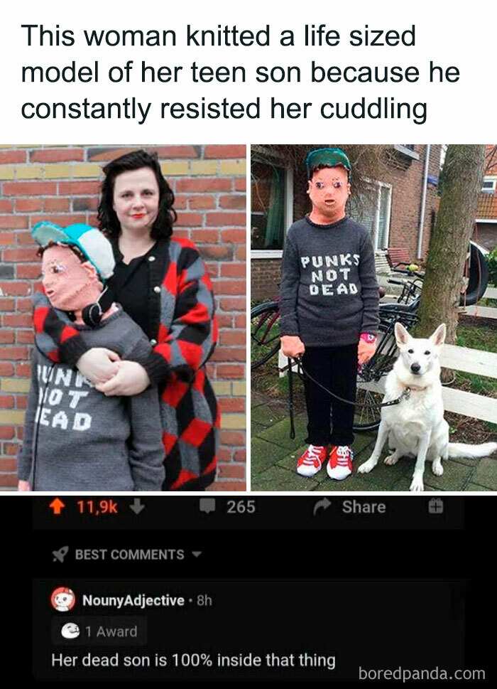 Woman holding knitted life-sized model of her teen son, illustrating disturbing and unsettling events that actually happened.