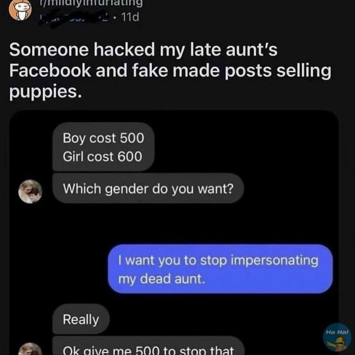 Text message exchange showing a mocking posts joke where someone confronts a hacker impersonating a dead aunt.