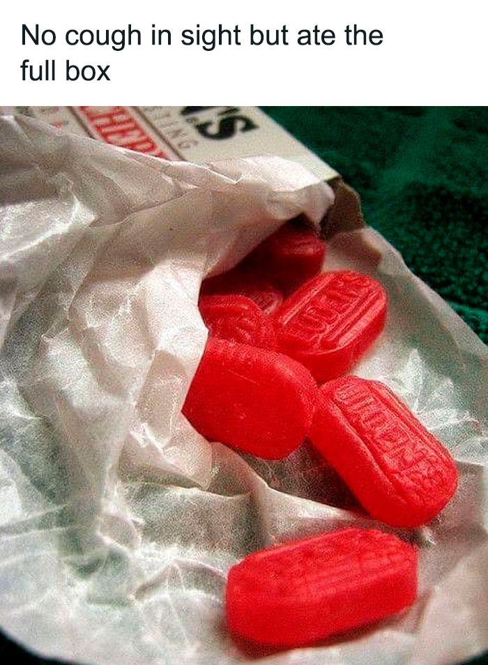 Red cough drops spilling from an open wrapper with retro style text referencing 80s nostalgia on social media posts.