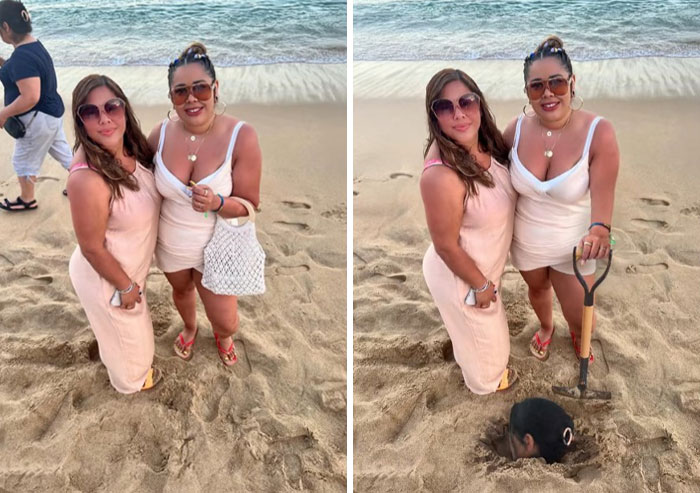 Two women posing on a beach with one Photoshop edit showing a person buried head-first in the sand, hilarious Photoshop edits.