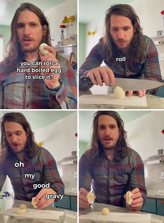 Man demonstrates rolling a hard-boiled egg to slice it, sharing useful life hacks and tips you may want to know.