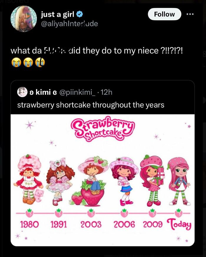 Strawberry Shortcake character evolution through the years, featured in cute and wholesome posts shared by girlies.