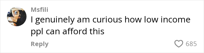 Comment expressing curiosity about how low income people can afford expensive US childbirth costs on social media.