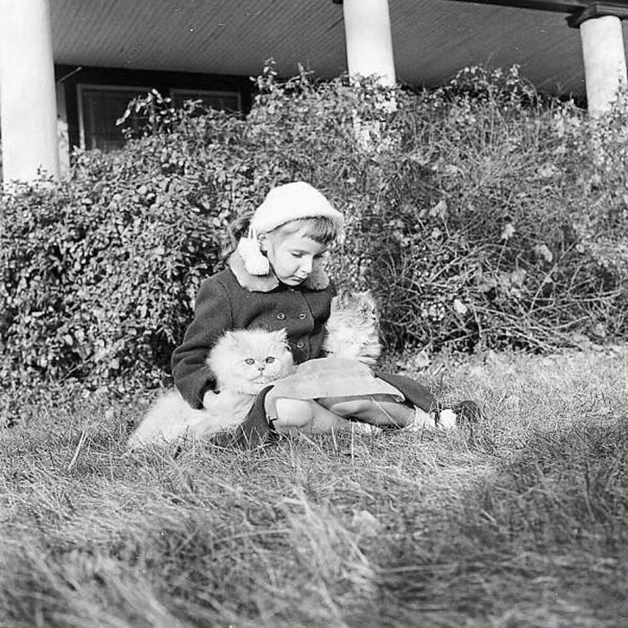 Vintage photo of a child sitting on grass holding two fluffy cats, showcasing the timeless bond between kids and cats.