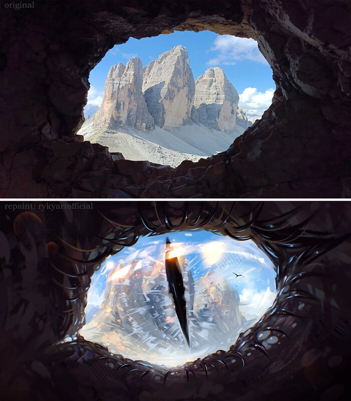 View of rocky mountains through a cave transformed into a fantastical world by repainting photos with surreal details.
