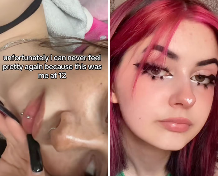 Split image showing a woman with minimal makeup at age 12 and the same woman with vibrant pink hair, highlighting glow downs trend.