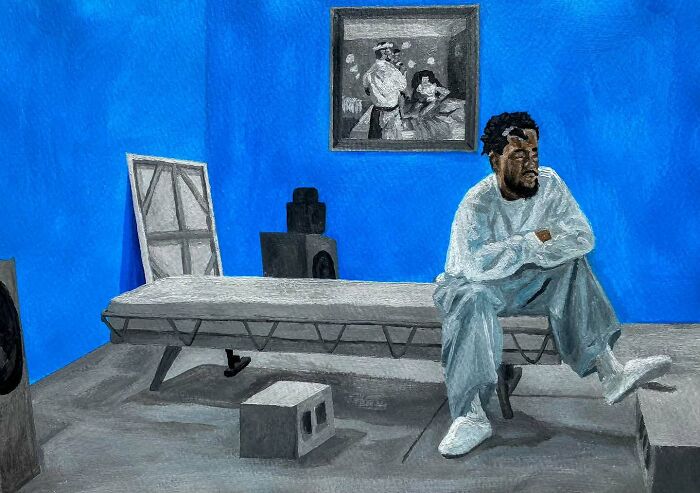 Man sitting in a blue room with abstract art, exploring themes of colours, space, and identity in a modern painting.