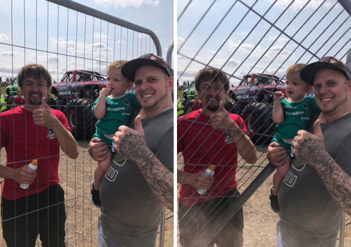 Two men and a child posing near a metal fence, with a humorous Photoshop edit distorting the fence lines.