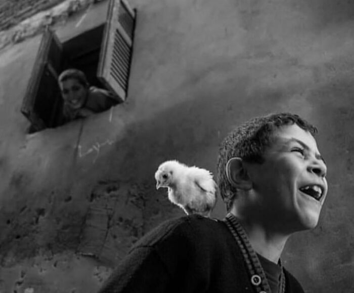 Black and white street photo showing a smiling boy with a chick on his shoulder and a child looking from a window.