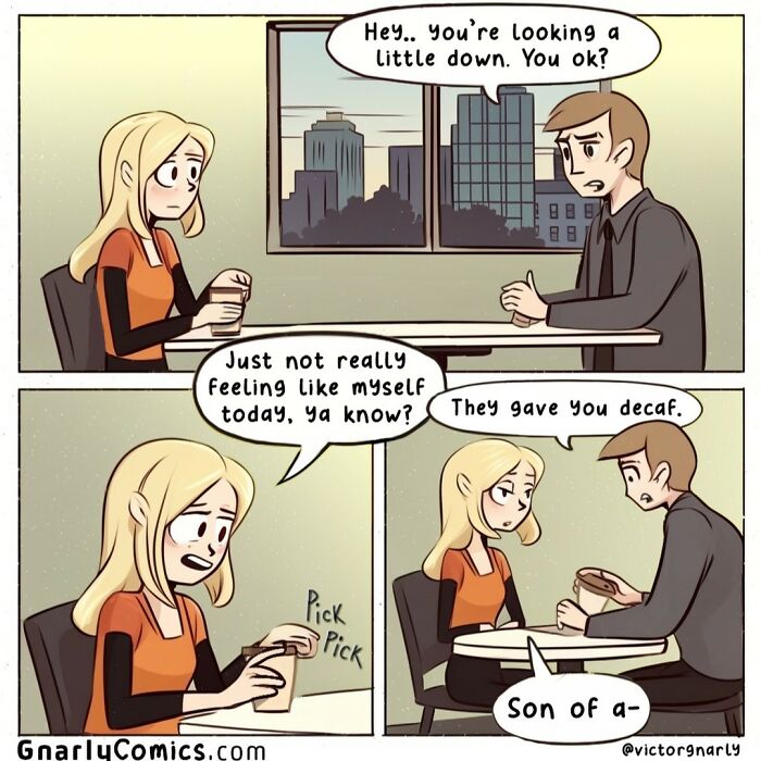 Comic panel by Victor Gnarly depicting a conversation about life's annoyances, featuring characters discussing decaf coffee.
