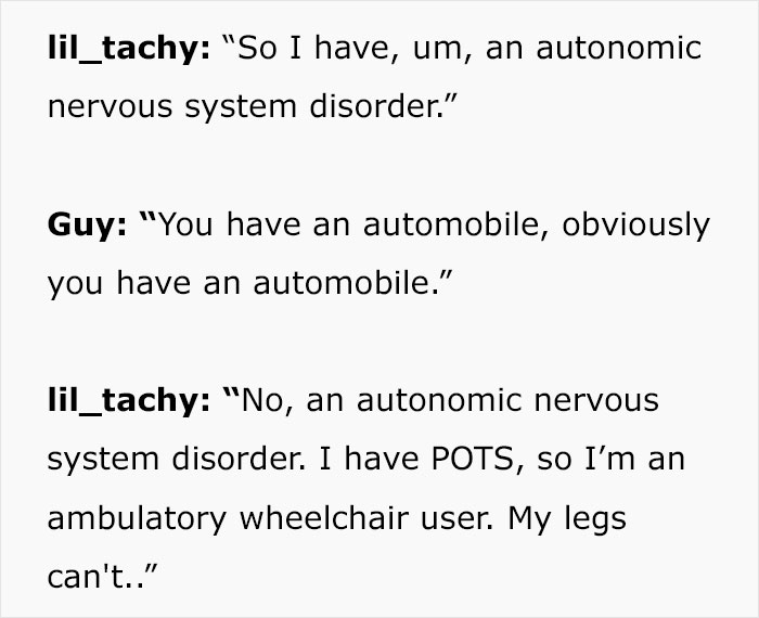 Conversation text showing a woman with POTS explaining her ambulatory wheelchair use and facing disbelief.