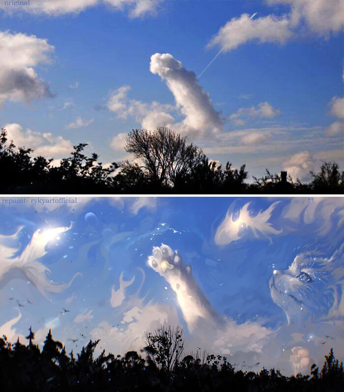 Clouds transformed by artist into a fantastical world featuring a giant cat playing with glowing fish in the sky.
