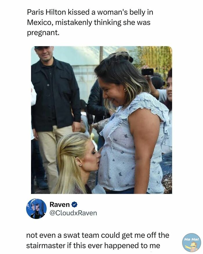 Paris Hilton kissing a woman's belly by mistake with people around, shared as mocking posts jokes memes online.