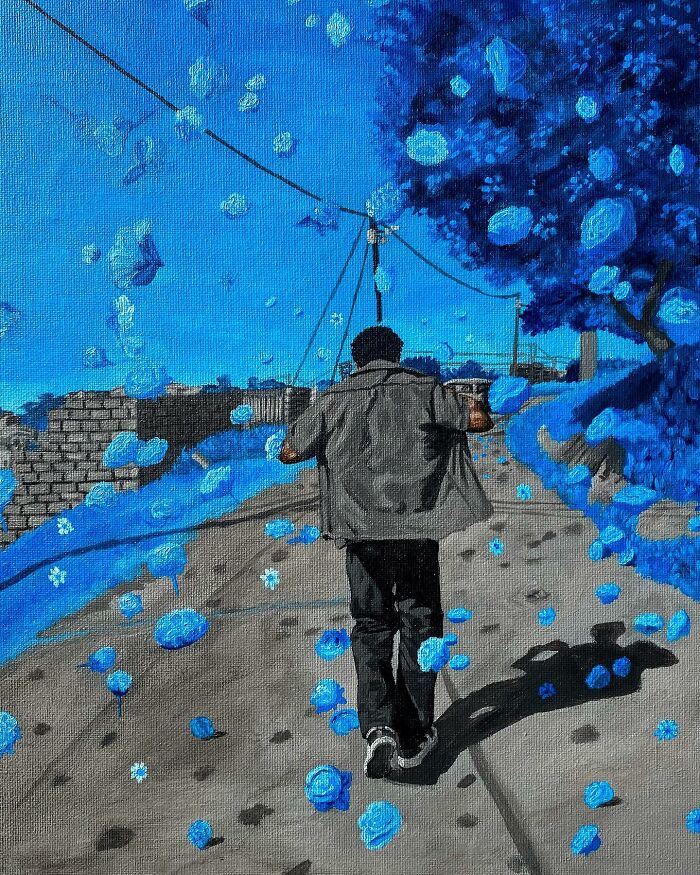 A painting depicting a person walking on a path surrounded by floating blue elements, exploring colours and space.