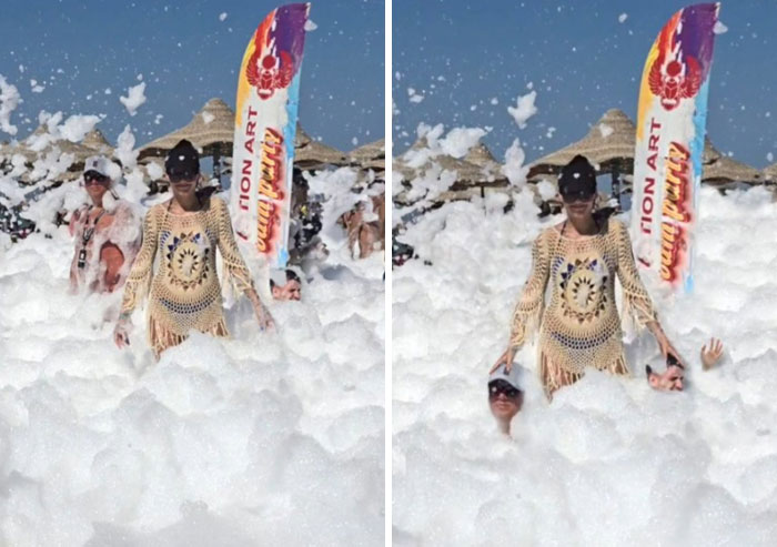 Two side-by-side photos showing hilarious Photoshop edits of people submerged in foam at an outdoor event with a colorful flag.