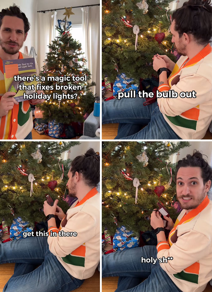 Man demonstrates how to fix broken holiday lights using a magic tool next to a decorated Christmas tree indoors.