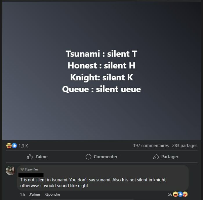 Screenshot of an online group shaming overconfident know-it-alls who incorrectly correct others about silent letters.
