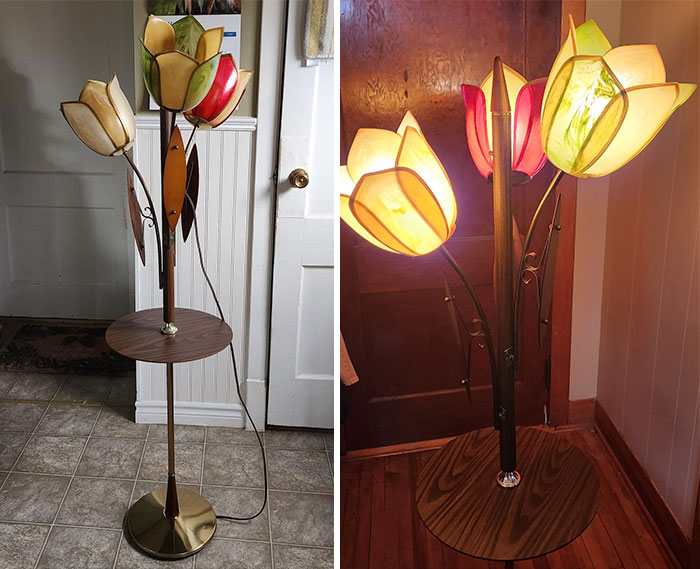 Vintage thrifted lamp with colorful flower-shaped shades, showcasing unique and wonderful thrifted finds for home decor.