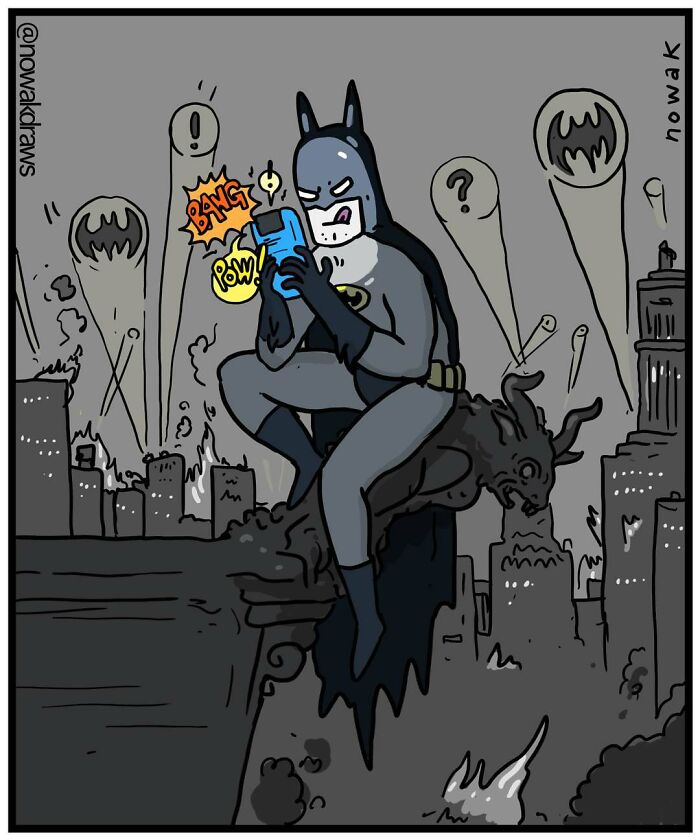 Batman in a comic with absurd humor, sitting on a gargoyle, distracted by a handheld game amid chaos and symbols in the sky.