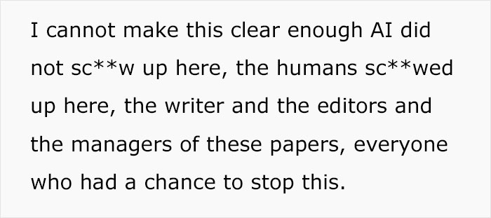 Text excerpt about humans causing errors in 2025 summer reading list runs published in major newspapers.
