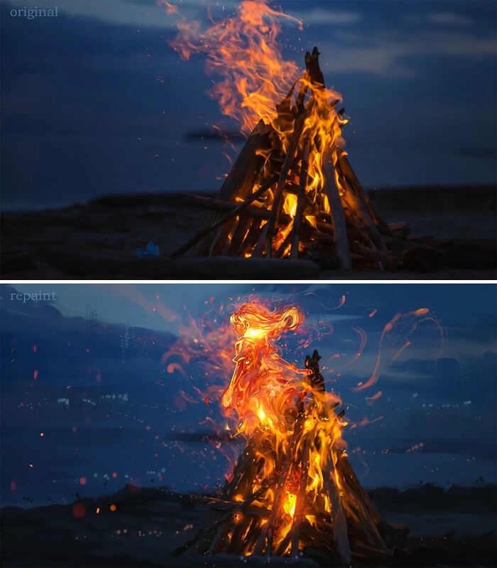 Bonfire at night transformed into a fantastical world by artist repainting photos with vibrant flames and creative details.