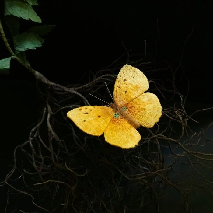 Yellow embroidered fiber moth crafted by Yumi Okita resting on dark twisted branches against black background.