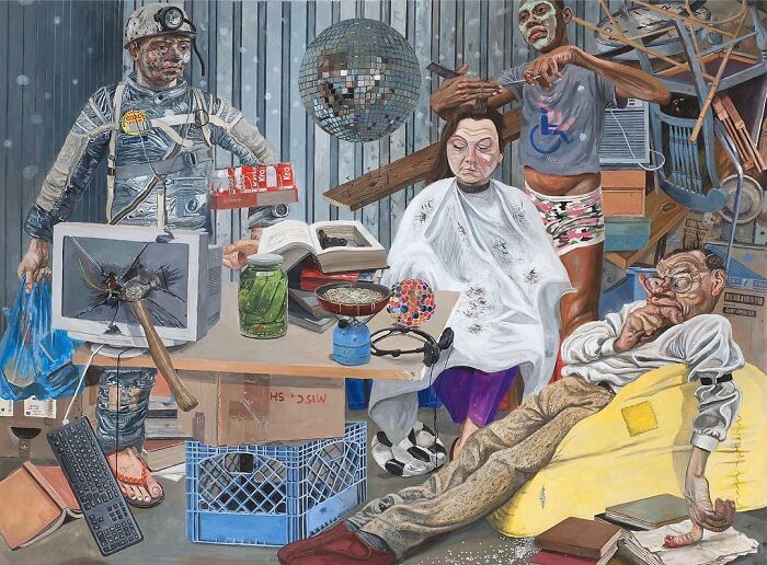 Surreal artwork illustrating social tensions and humorous layers with diverse characters in a cluttered, chaotic indoor setting.
