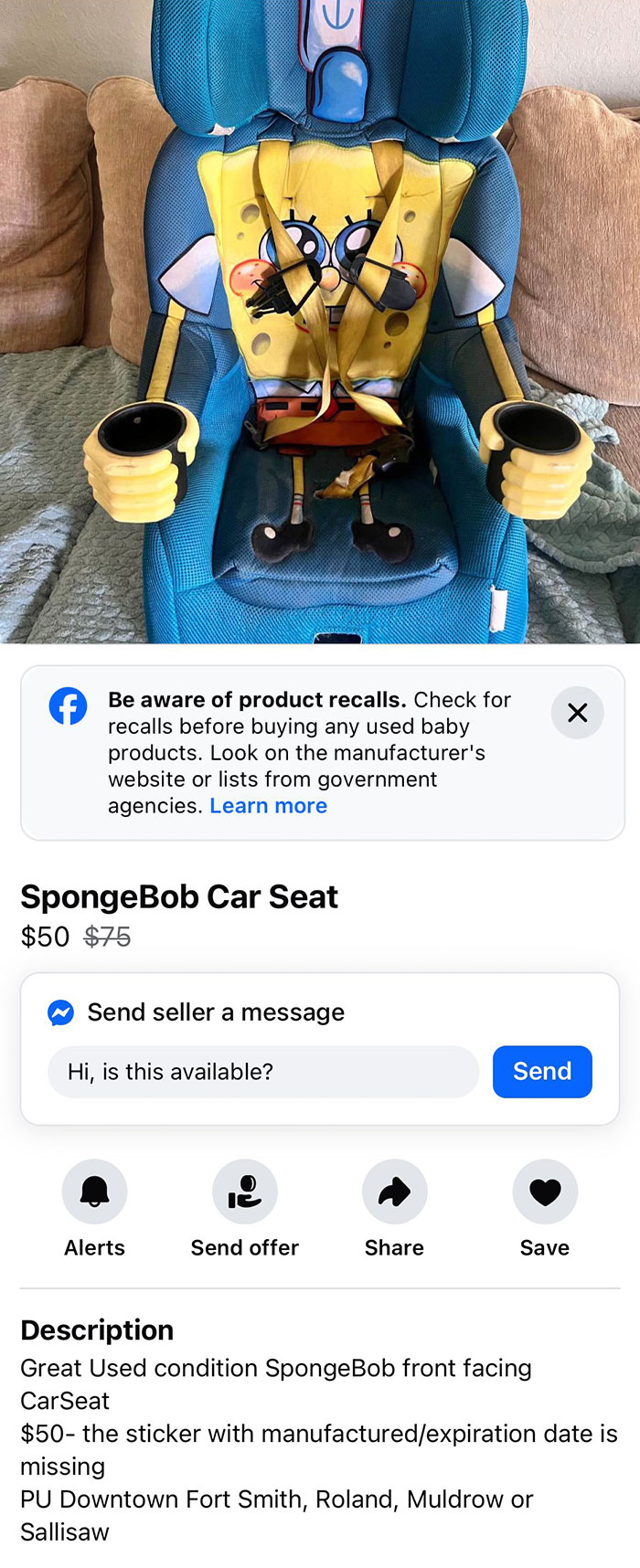 Blue SpongeBob themed child car seat with cup holders and safety straps listed for sale on Facebook Marketplace.