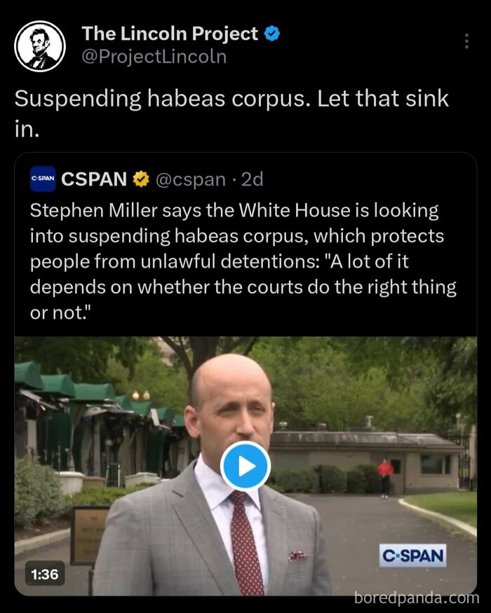 Screenshot of a tweet discussing the suspension of habeas corpus, a hot take shared publicly on social media.