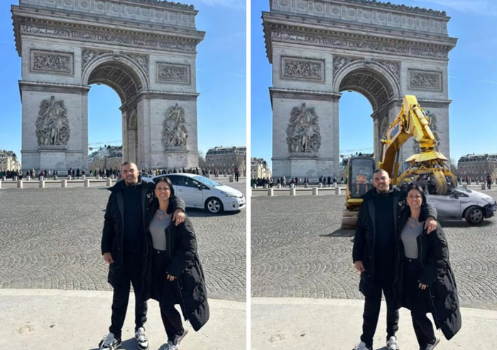 Couple posing in front of the Arc de Triomphe with a hilarious Photoshop edit of a construction vehicle in the background.