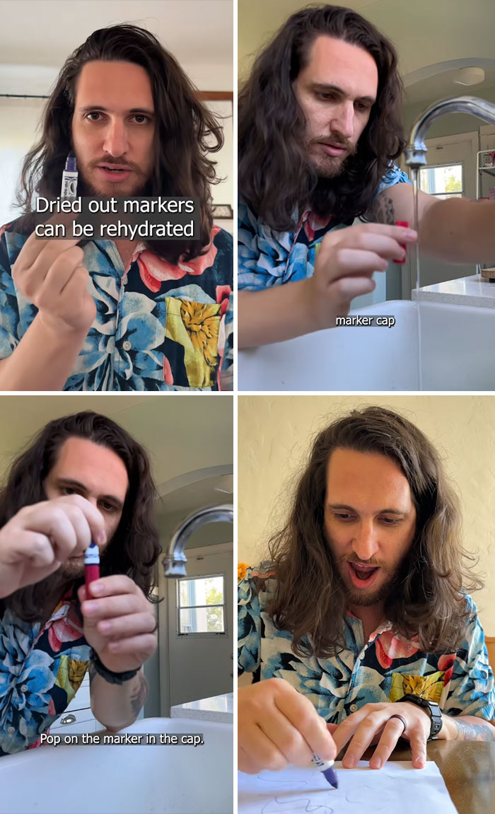 Man demonstrating how to rehydrate dried out markers by soaking the marker cap in water and testing it again.