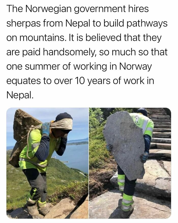 Sherpas from Nepal building mountain pathways in Norway, showcasing secret facts about their skilled and well-paid labor.