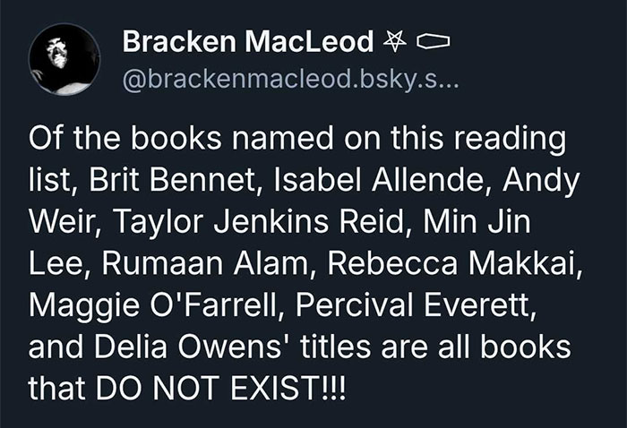 Tweet stating that many author titles on the 2025 summer reading list featured in major newspapers do not exist.