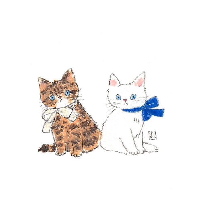 Two adorable cats with blue eyes, one brown and one white, wearing bows in a charming cat lover artwork.