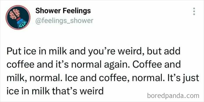 Text post from Shower Feelings about weird food combinations, illustrating thoughts to occupy your brain while showering.