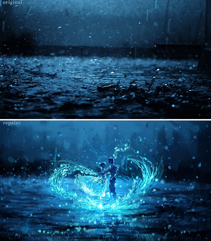 Rain puddle photo transformed by artist repainting into a magical scene with dancing figures in a fantastical world.