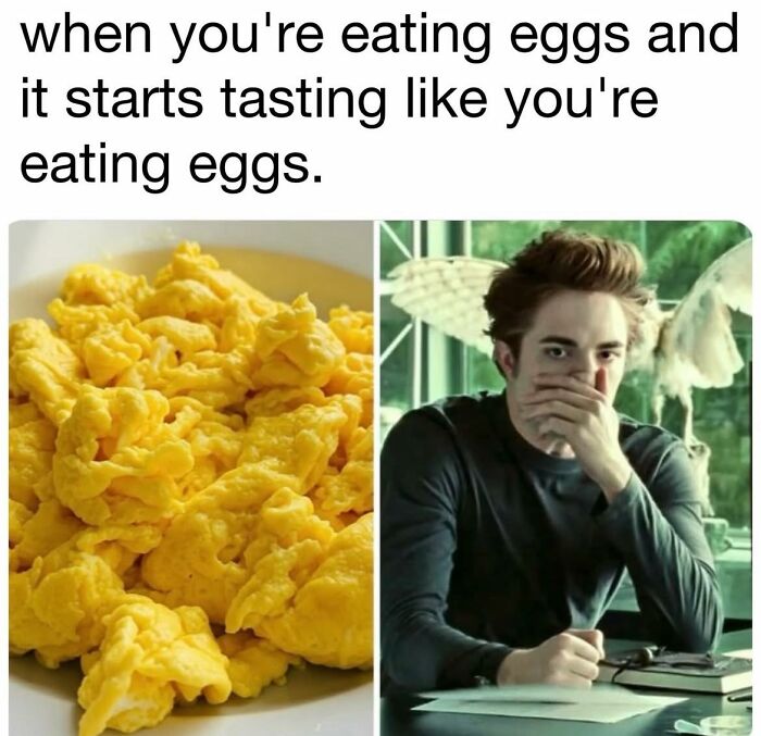 Scrambled eggs on a plate and a surprised man covering his mouth, funny memes to help forget a hard day.