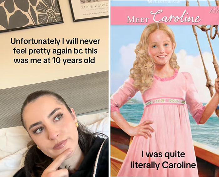 Woman reflecting on childhood photo with text overlay about glow downs, paired with an image of a historical doll named Caroline.