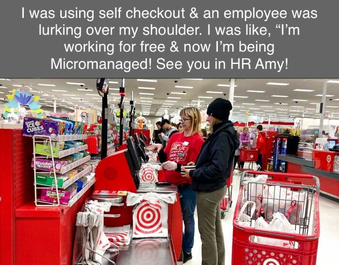 Customer using self checkout while employee closely watches, highlighting a funny micromanagement moment in a store setting.
