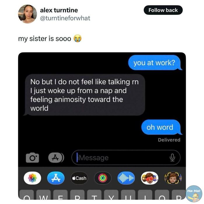 Text message conversation showing a humorous exchange perfect for mocking posts jokes memes about feeling animosity after a nap.