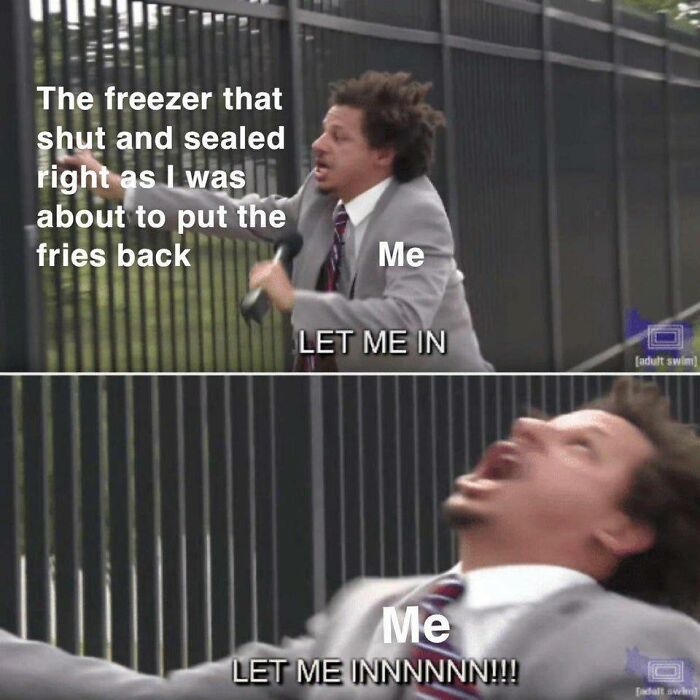 Man in suit struggling to get through fence, depicting relatable meme about working in hospitality kitchen frustrations.