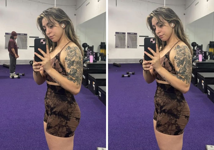 Woman with tattoo taking mirror selfie at gym, demonstrating hilarious Photoshop edits with literal photo requests.