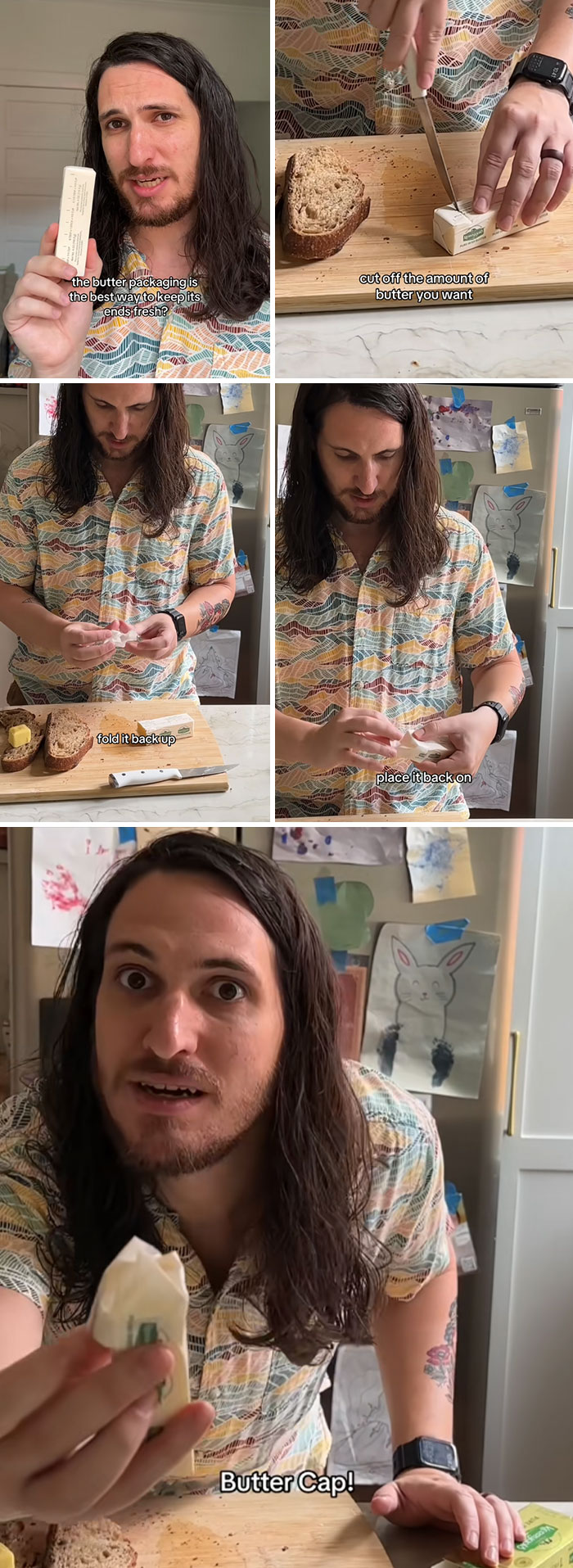 Man demonstrating a kitchen hack to keep butter fresh using a butterfly cap in a casual home setting.