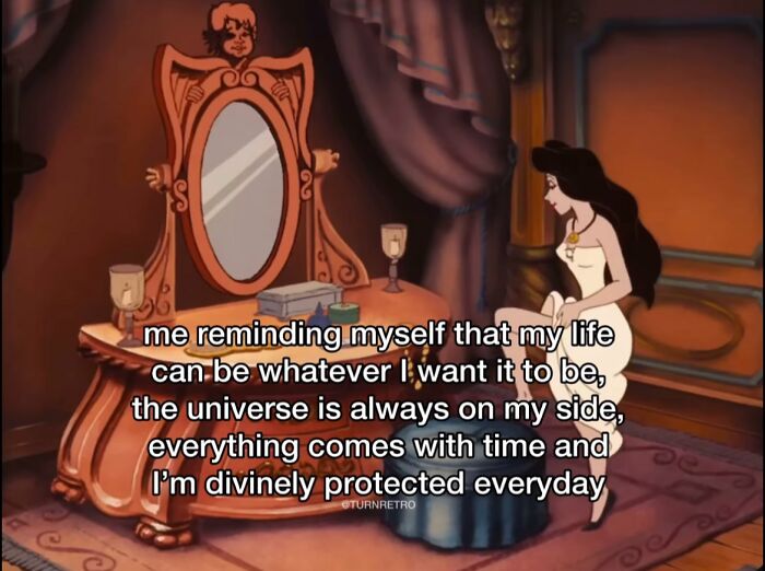 Animated woman sitting by a mirror with a positive affirmation text, showcasing cute and wholesome inspirational vibes.