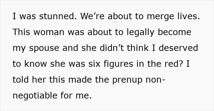 Text showing a shocked person realizing the bride-to-be&rsquo;s secret credit card debt impacts their decision on the prenup.