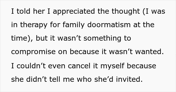 Text excerpt about mom stealing daughter&rsquo;s pregnancy announcement to avoid a gender reveal party conflict.