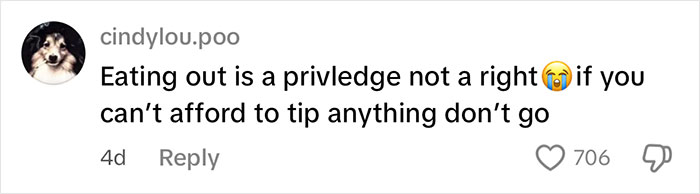 Comment on social media expressing frustration about tipping culture and waitress upset after reviewing tips for the day.