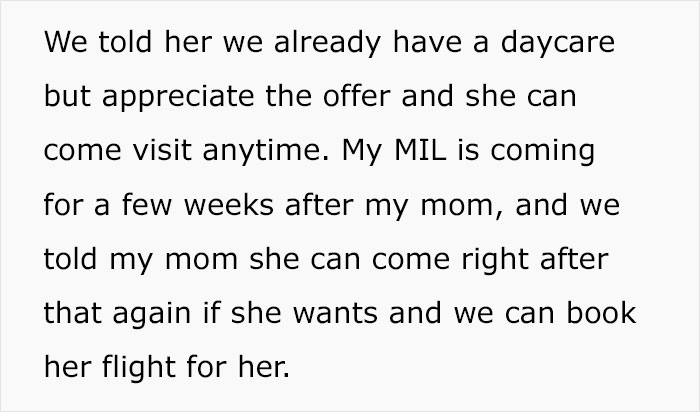 Text message discussing refusal of babysitting offer from an obese mom, mentioning daycare and scheduling visits.